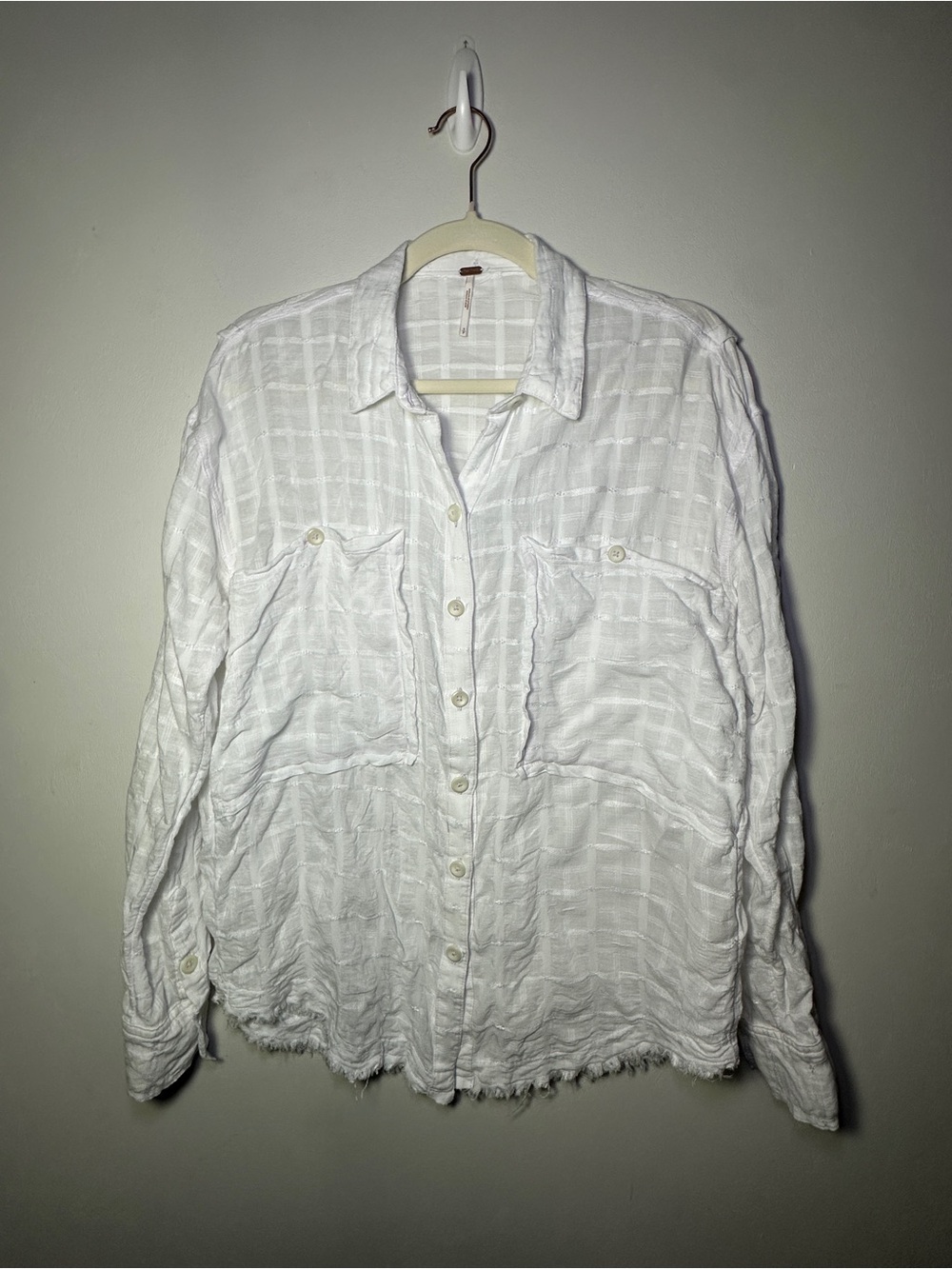 Free People Boho White Fringe Hem Button Down Textured Plaid Shirt Beachy